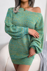 Robe pull courte vintage à col bateau et manches longues en maille chinée - Bleu